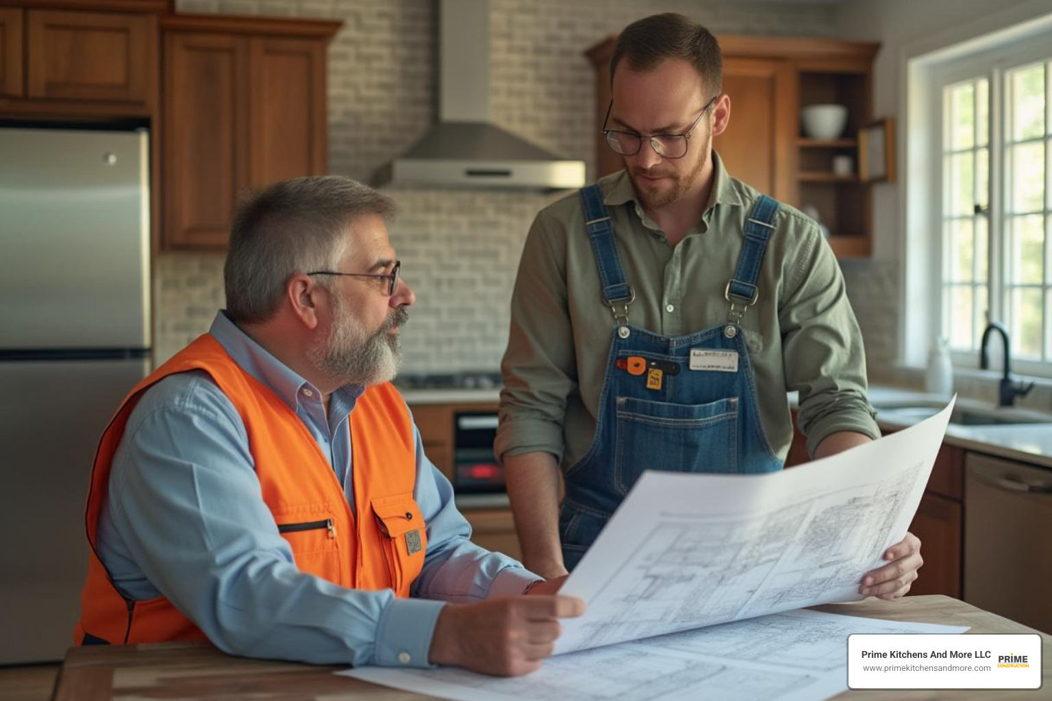 Contractor discussing plans with a homeowner in a kitchen - kitchen remodeler orlando