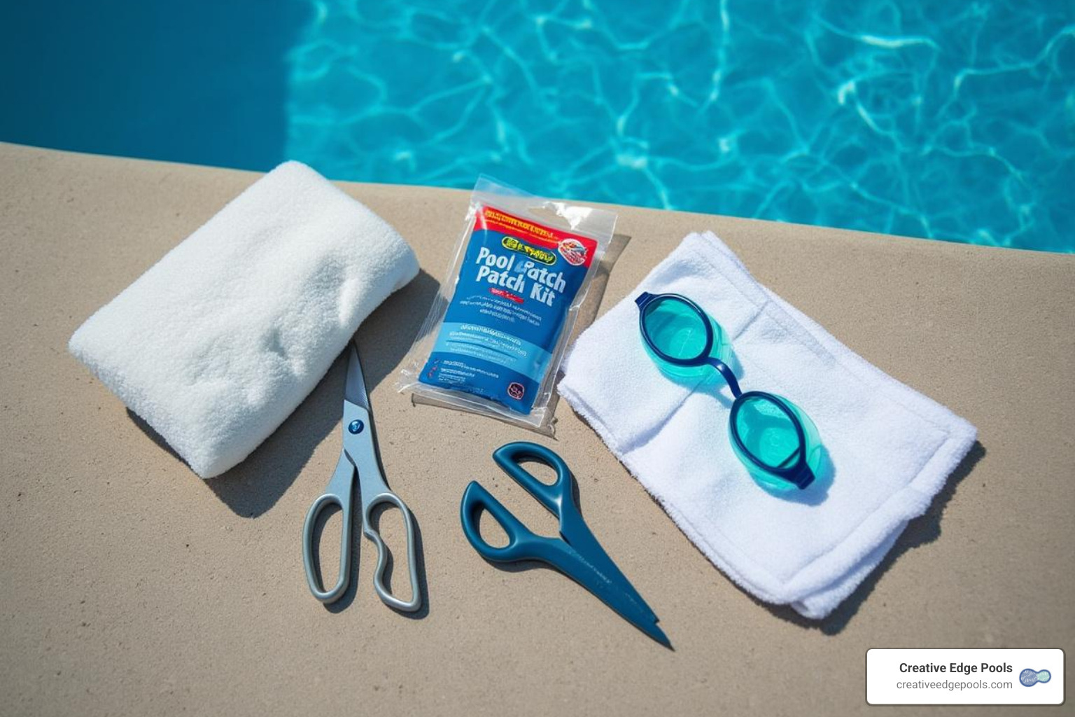 Necessary supplies for patching a pool liner laid out by the pool: patch kit, scissors, goggles, clean cloth - large pool liner patch