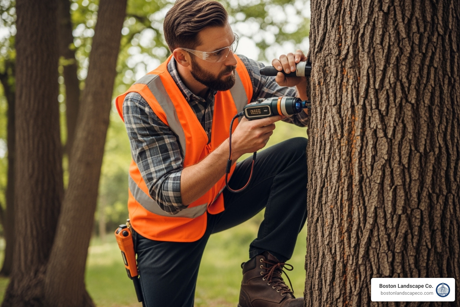 arborist using specialized equipment to inspect a tree for disease - arborist