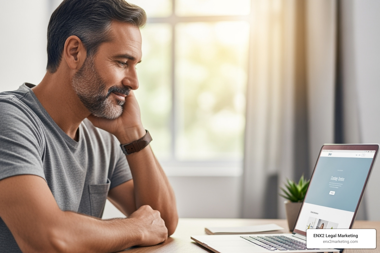 A person looking relieved while browsing a professional and calming website on a laptop. Metadata: "Empathetic web design for bankruptcy law clients." - bankruptcy attorneys digital marketing agency