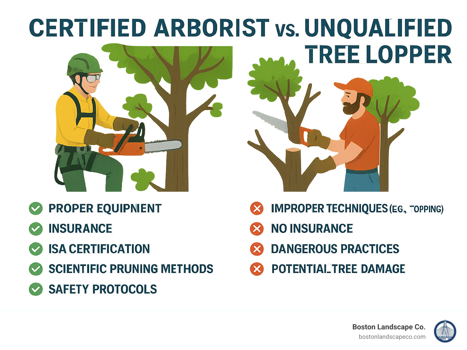 Infographic showing the key differences between a certified arborist (proper equipment, insurance, ISA certification, scientific pruning methods, safety protocols) and an unqualified tree lopper (improper techniques like topping, no insurance, dangerous practices, potential tree damage) - arborist infographic 