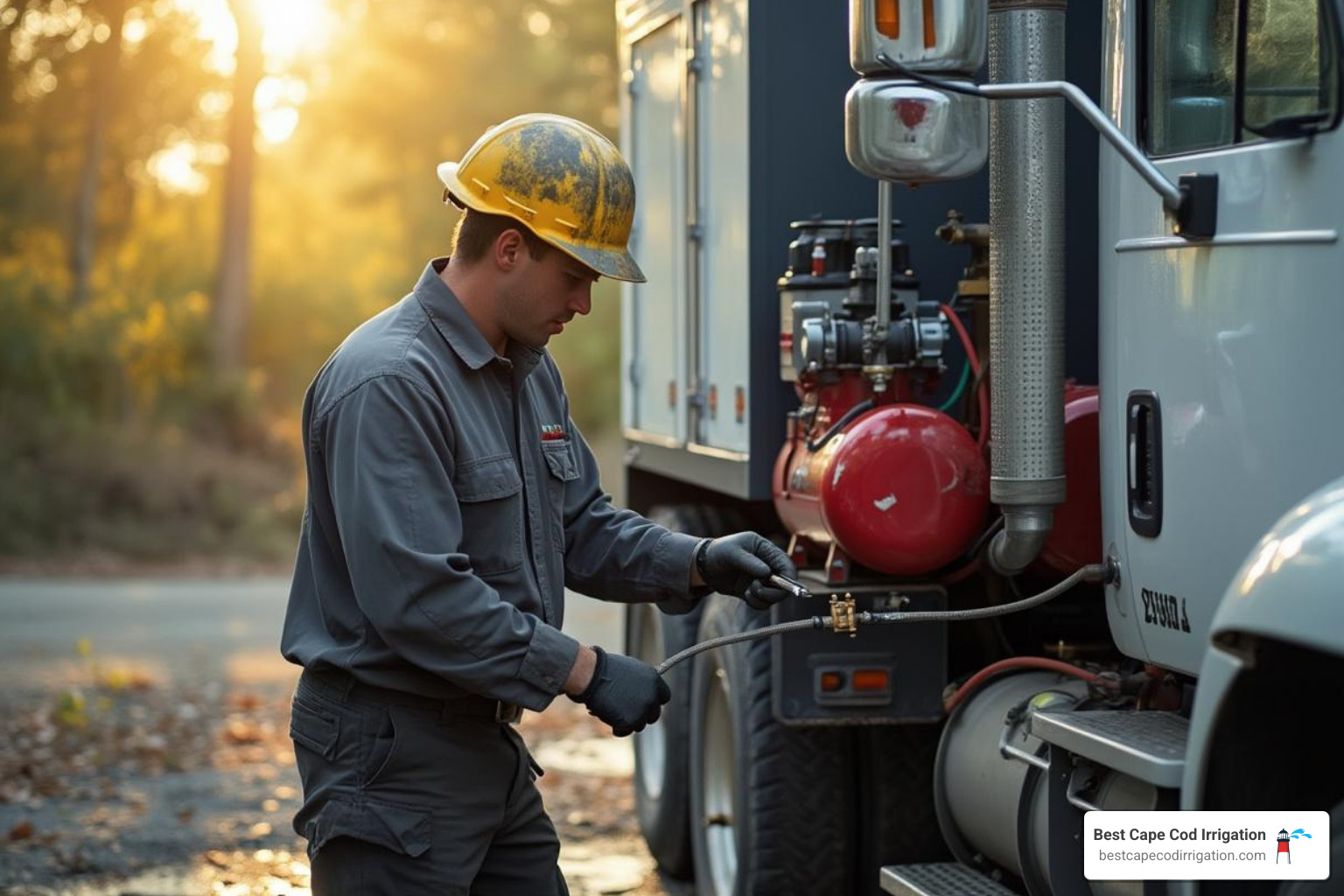 professional technician operating a large, truck-mounted air compressor - Sprinkler system blowout service