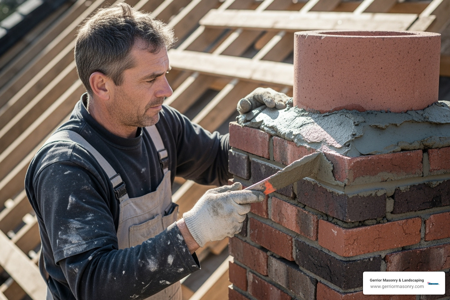 masonry professional carefully applying mortar to a chimney joint - chimney repair tuckpointing