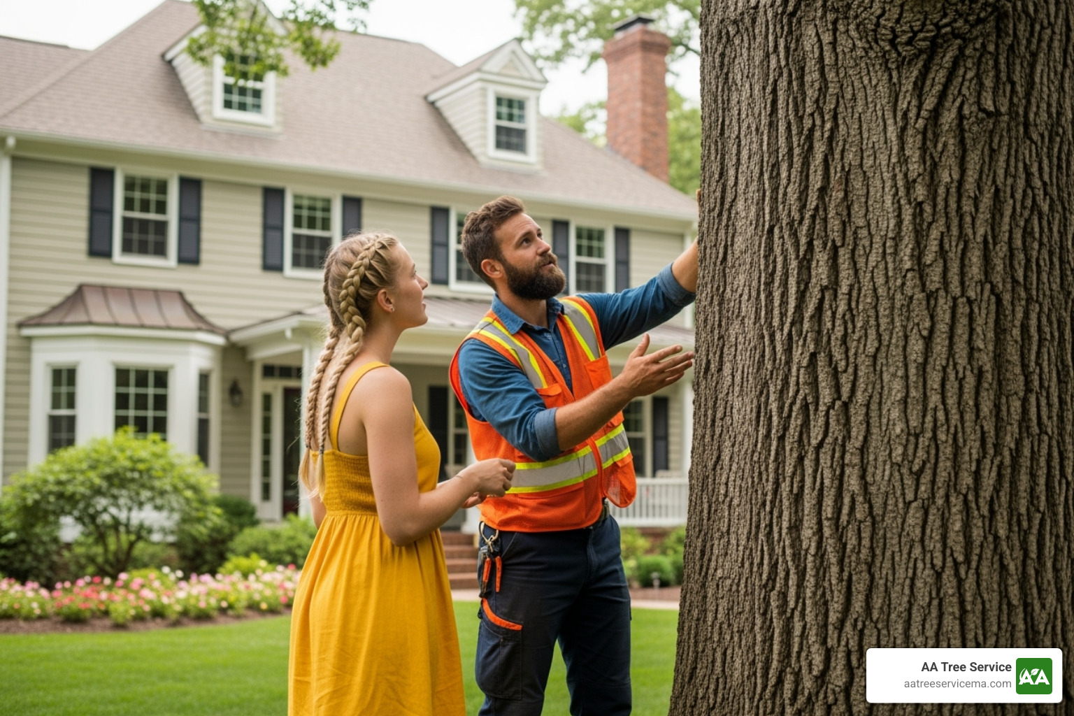 certified arborist assessing tree with client - natick tree removal