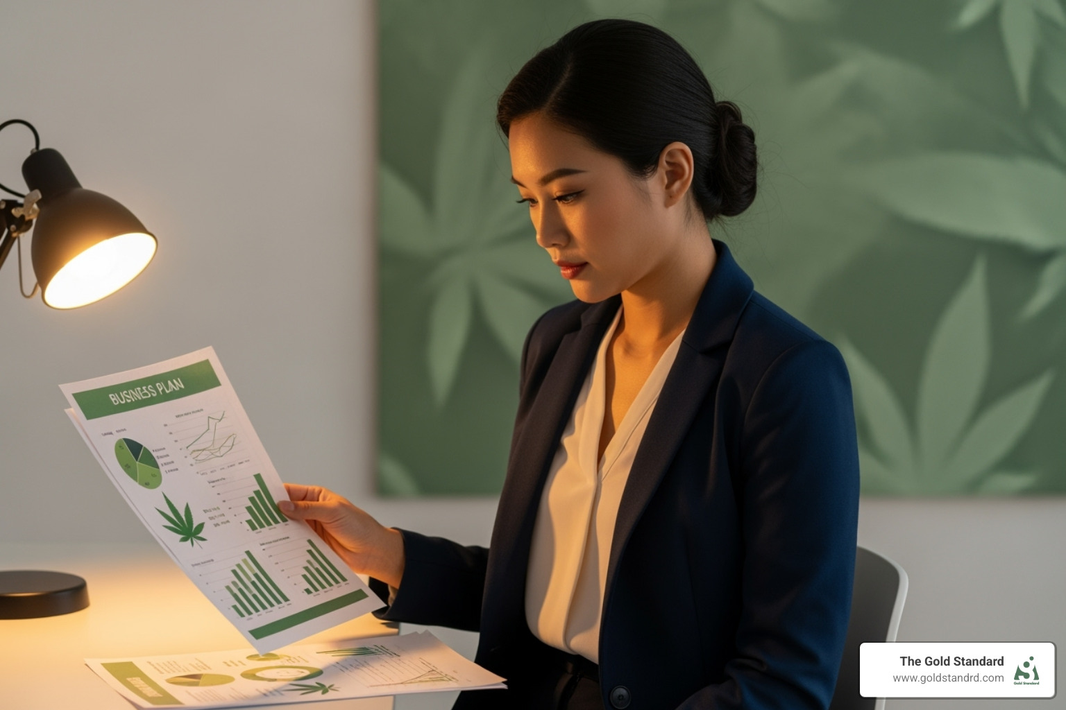 of a person reviewing a detailed business plan with cannabis-themed charts in the background - how can i start selling weed