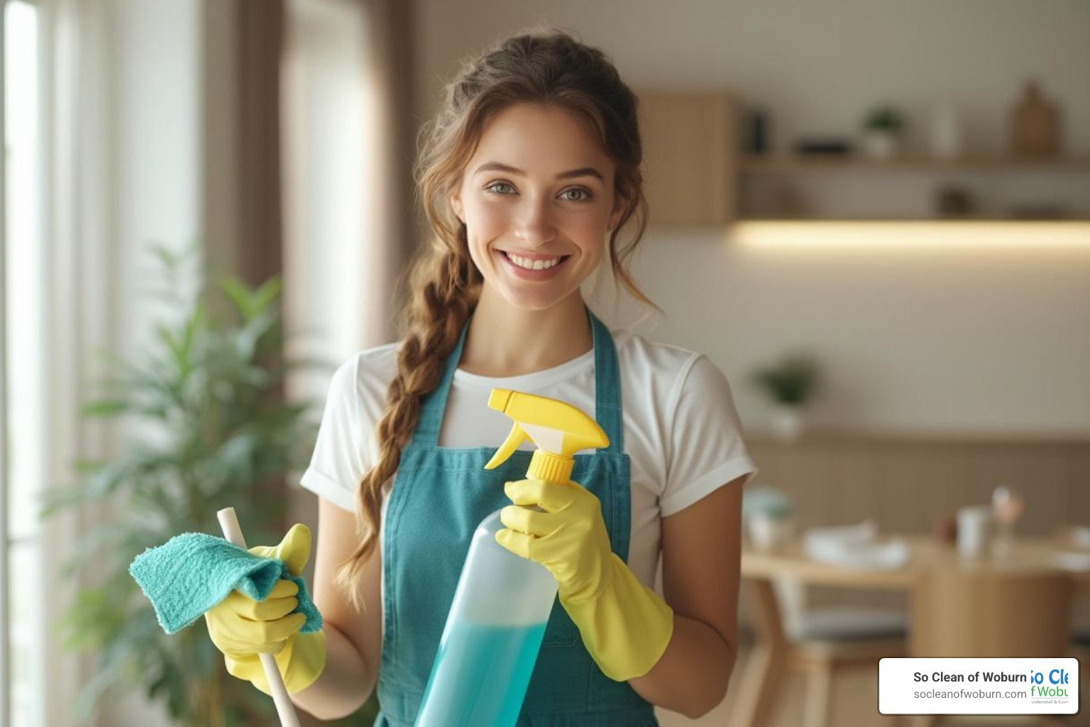 friendly cleaner with eco-friendly supplies smiling at the camera - Affordable apartment cleaning