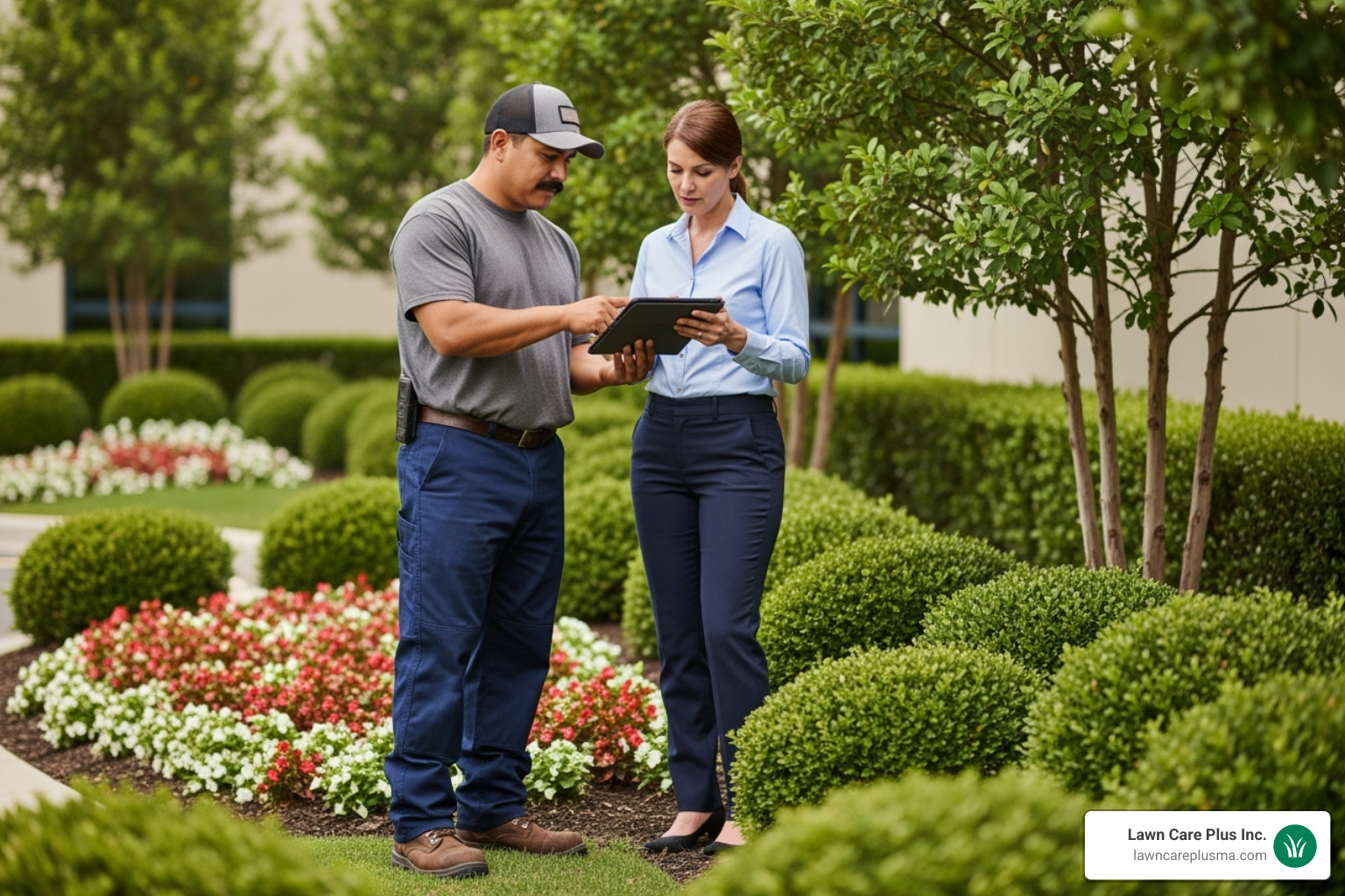 professional landscaper discussing a plan with a property manager on-site - commercial lawn service