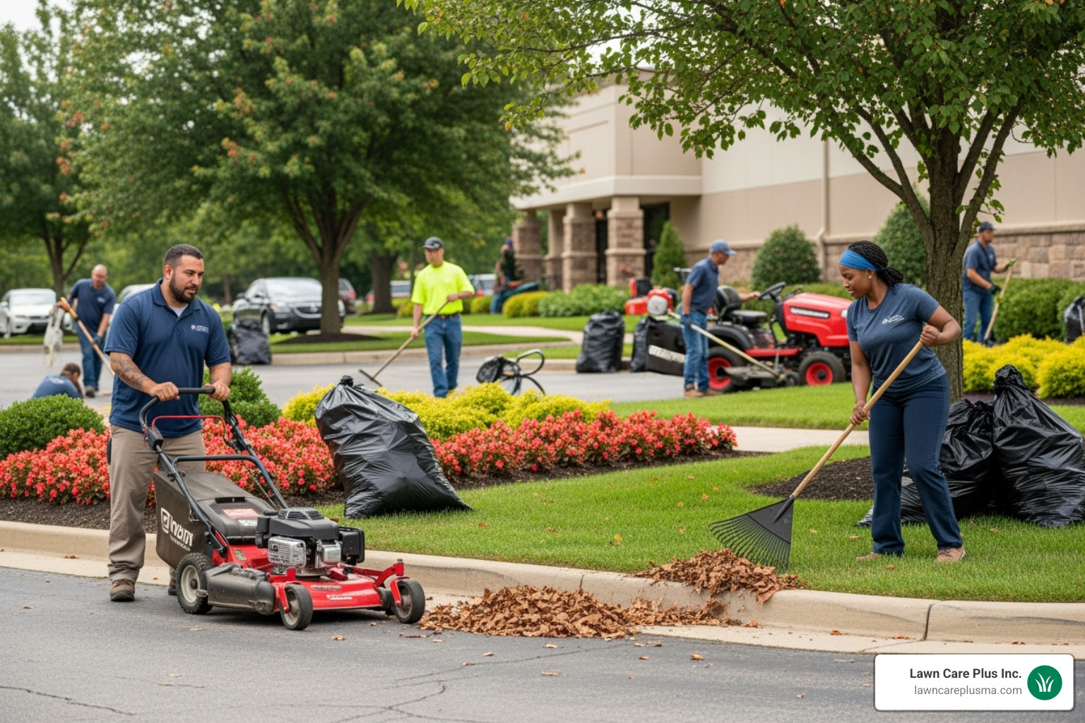 professional crew performing seasonal cleanup on a commercial property - commercial lawn service