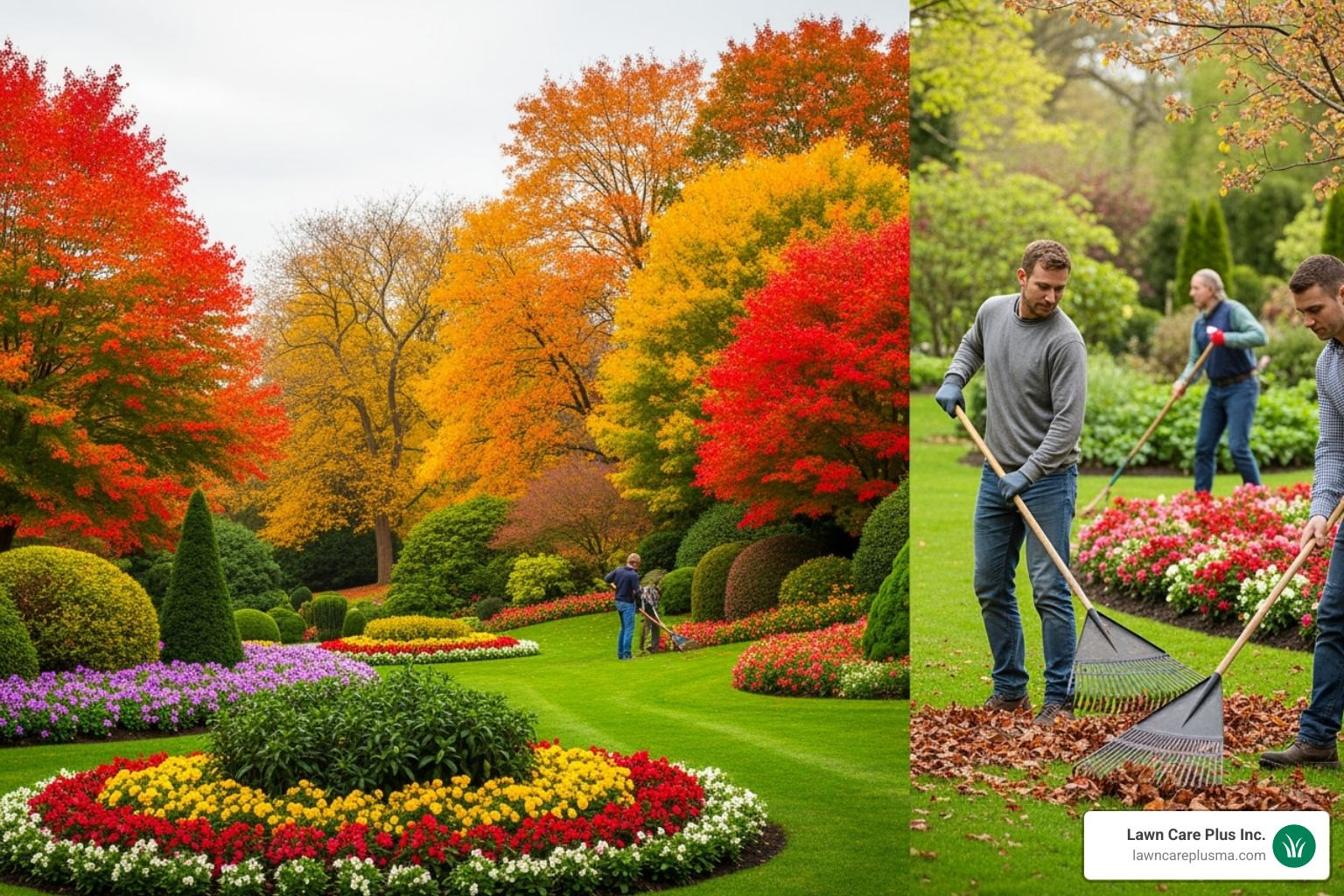 vibrant fall landscape with clean flower beds and another of a spring cleanup in progress - commercial lawn service