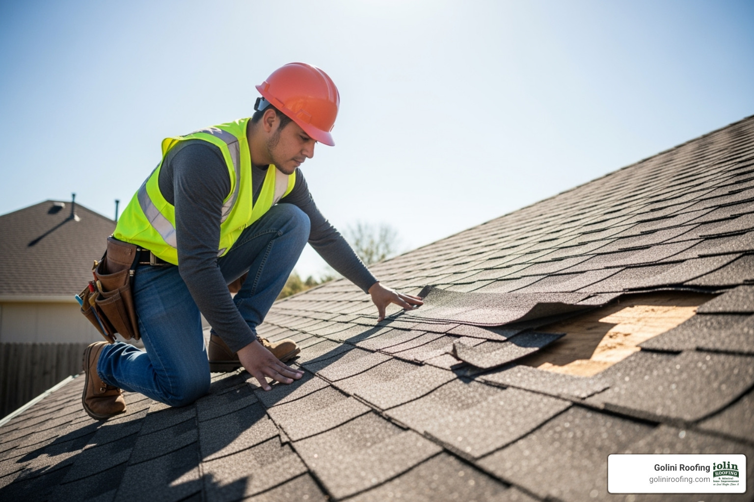 Roofer inspecting a damaged section of a roof - how much roofing cost