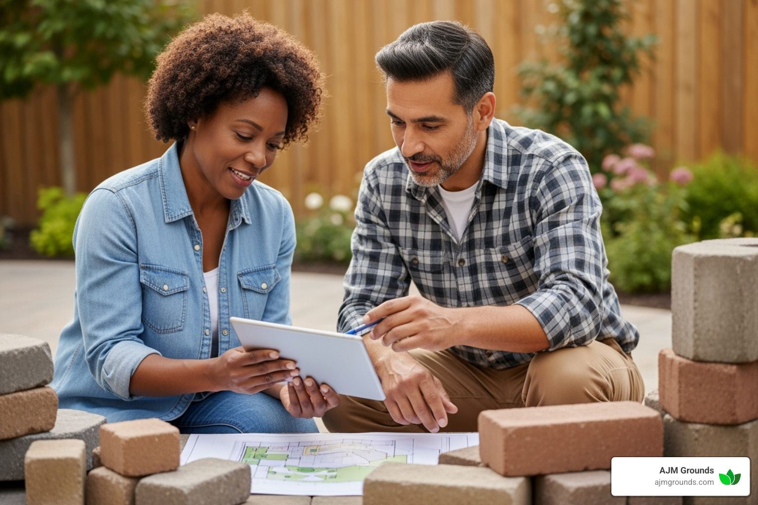 A homeowner and a contractor reviewing a design plan together on a tablet, with a hardscape sample nearby - outdoor hardscape contractors