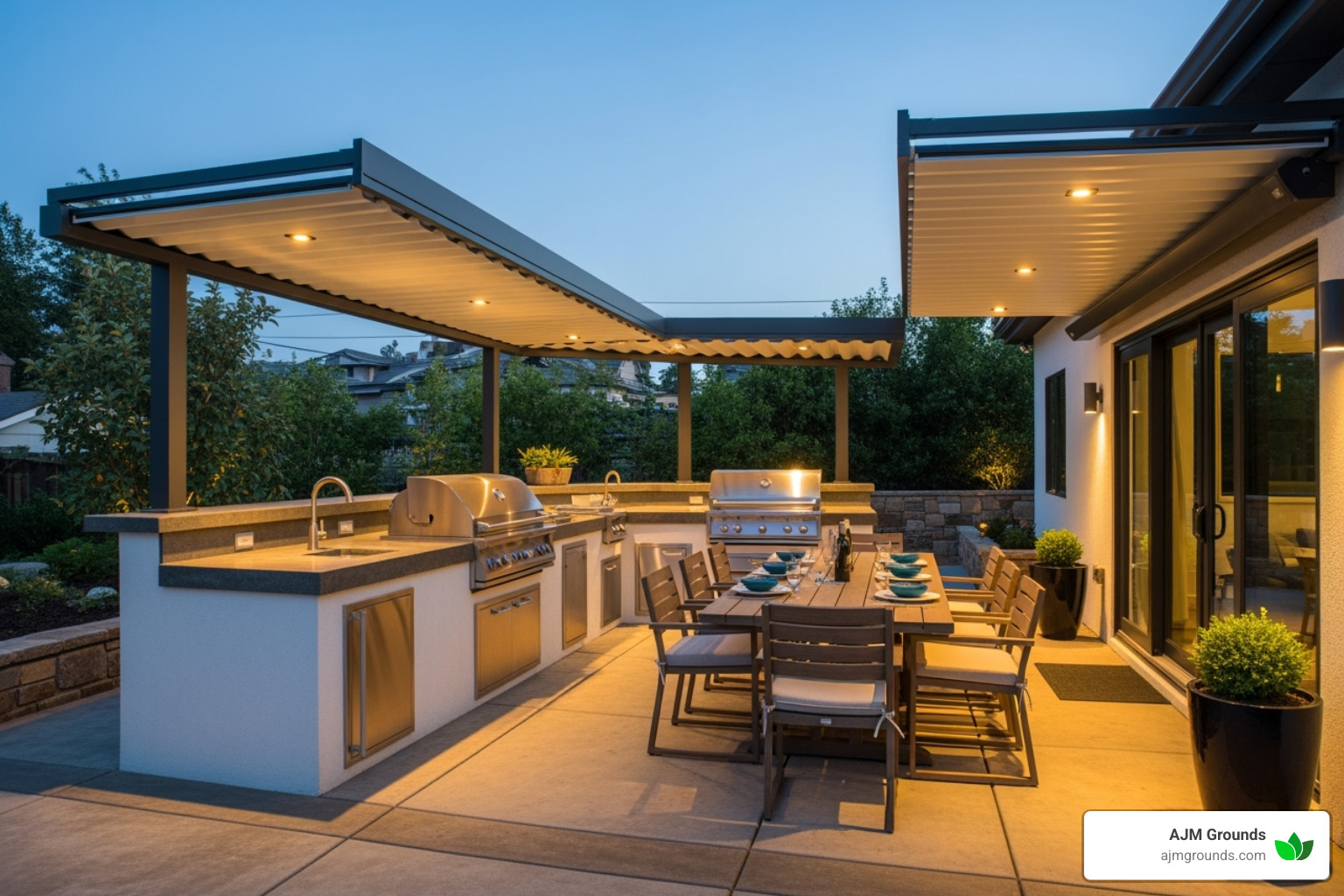 A modern outdoor kitchen and dining area, seamlessly integrated with the surrounding hardscape, perfect for entertaining guests - outdoor hardscape contractors
