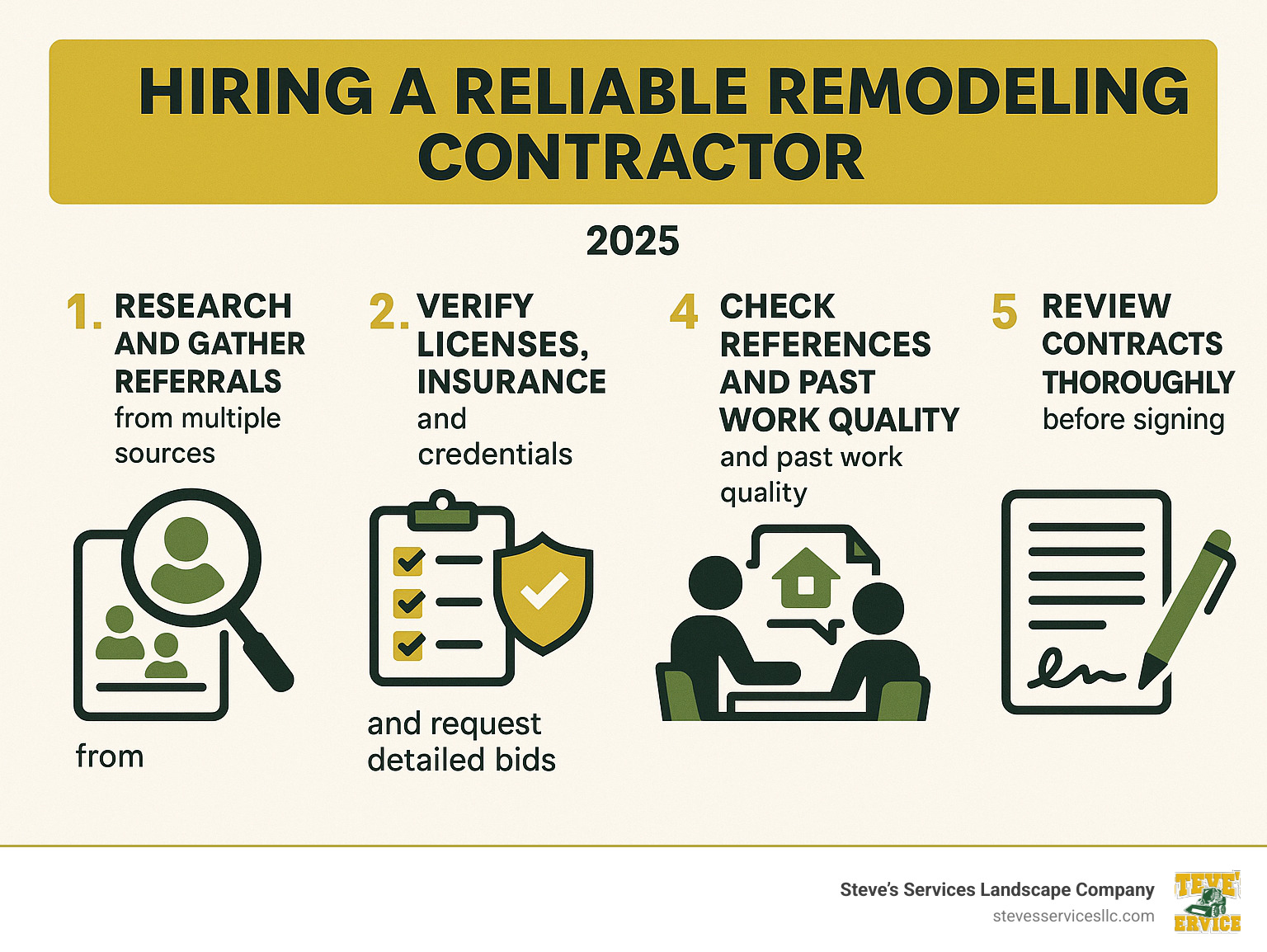 Infographic showing the 5-step process for hiring a reliable remodeling contractor: 1) Research and gather referrals from multiple sources, 2) Verify licenses, insurance, and credentials, 3) Interview contractors and request detailed bids, 4) Check references and past work quality, 5) Review contracts thoroughly before signing - local remodeling contractors near me infographic 