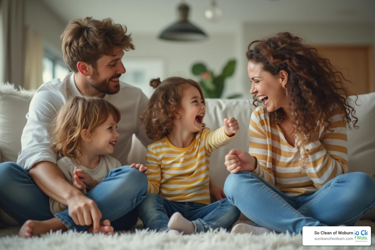 family laughing and playing in their bright, clean living area - Affordable apartment cleaning