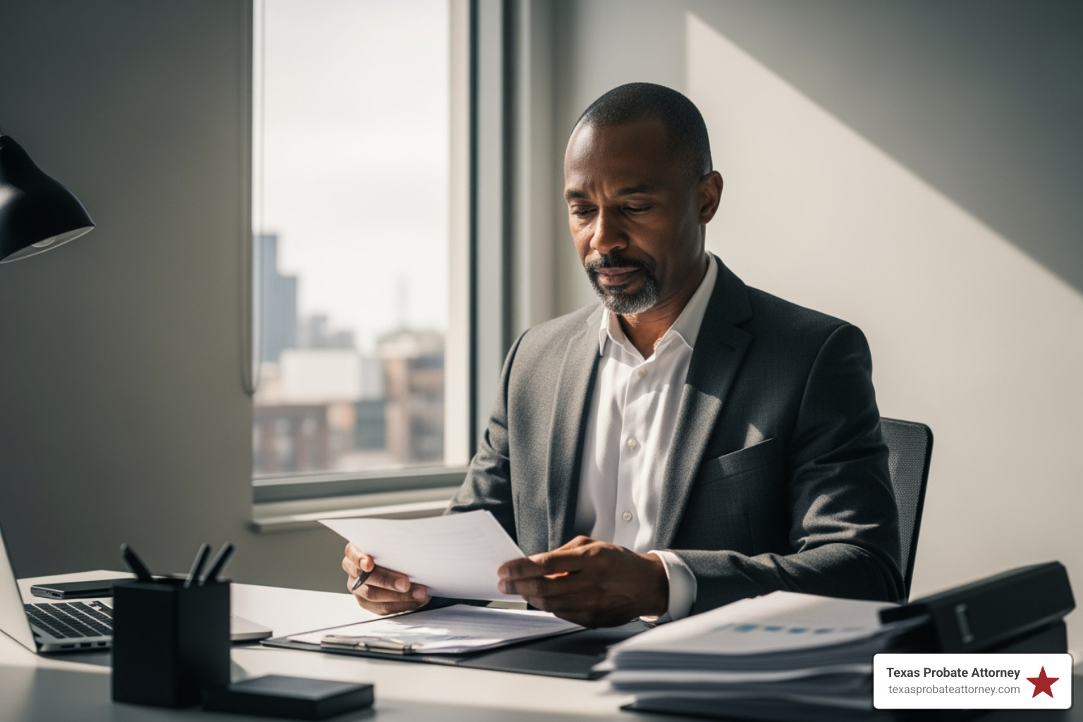 A person organizing documents at a desk, looking confident - average solicitors fees for probate