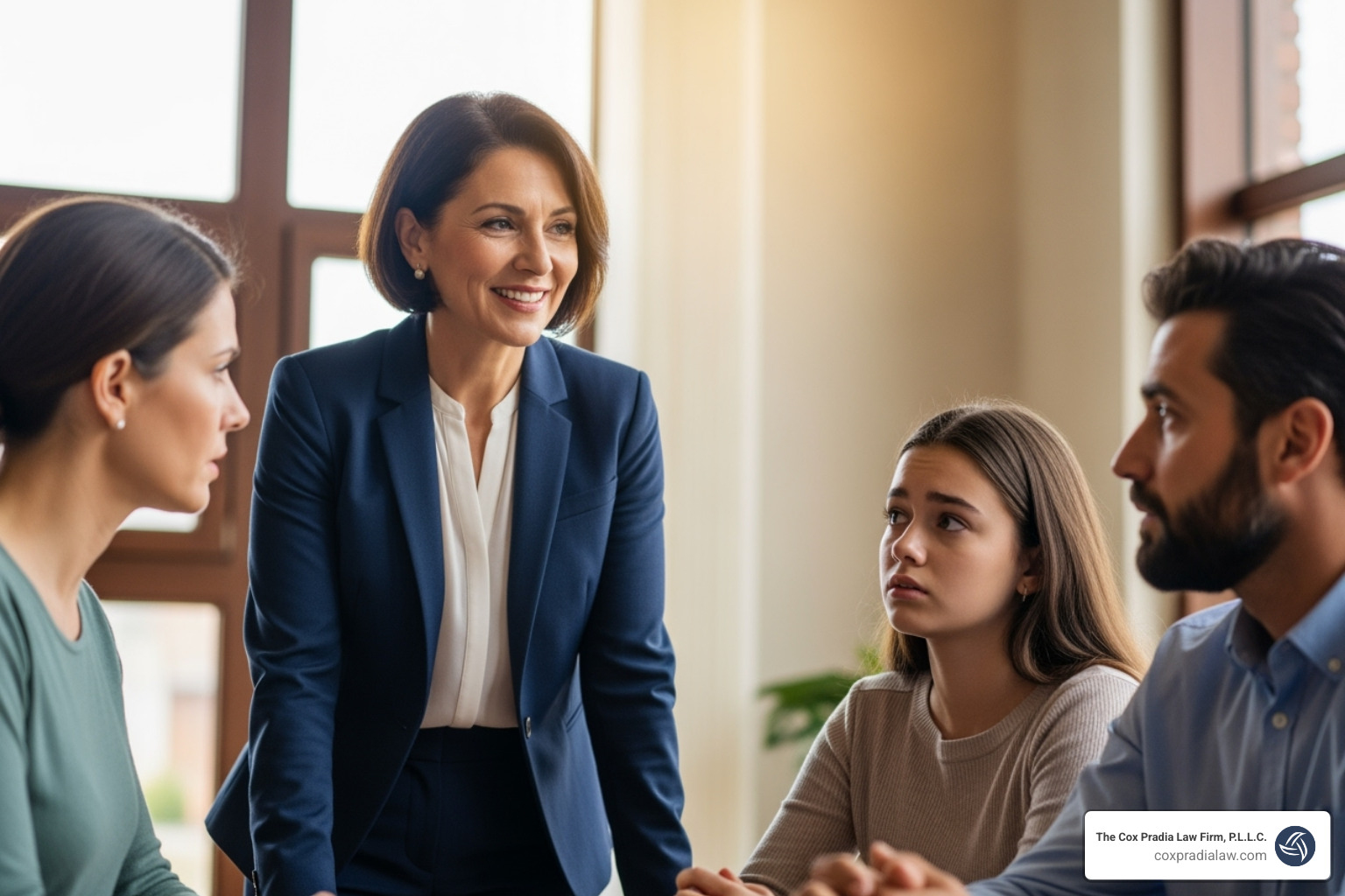 A lawyer compassionately consulting with a concerned family in an office setting - Houston Nursing Home Negligence Lawyer