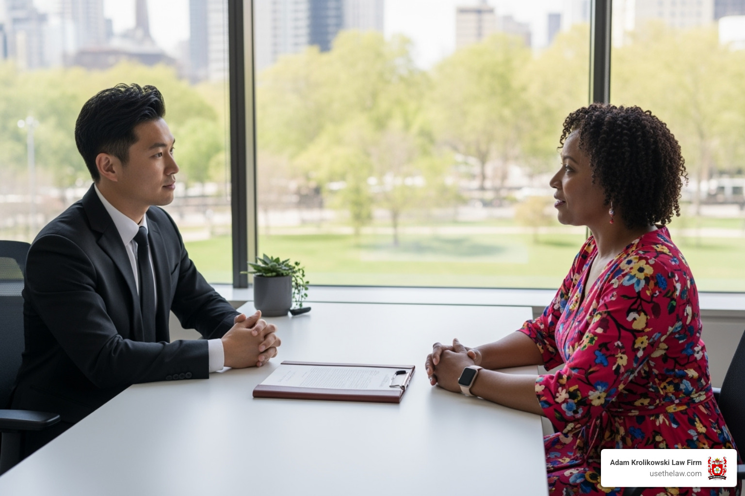 lawyer meeting with a client in an office setting - construction accident law firm