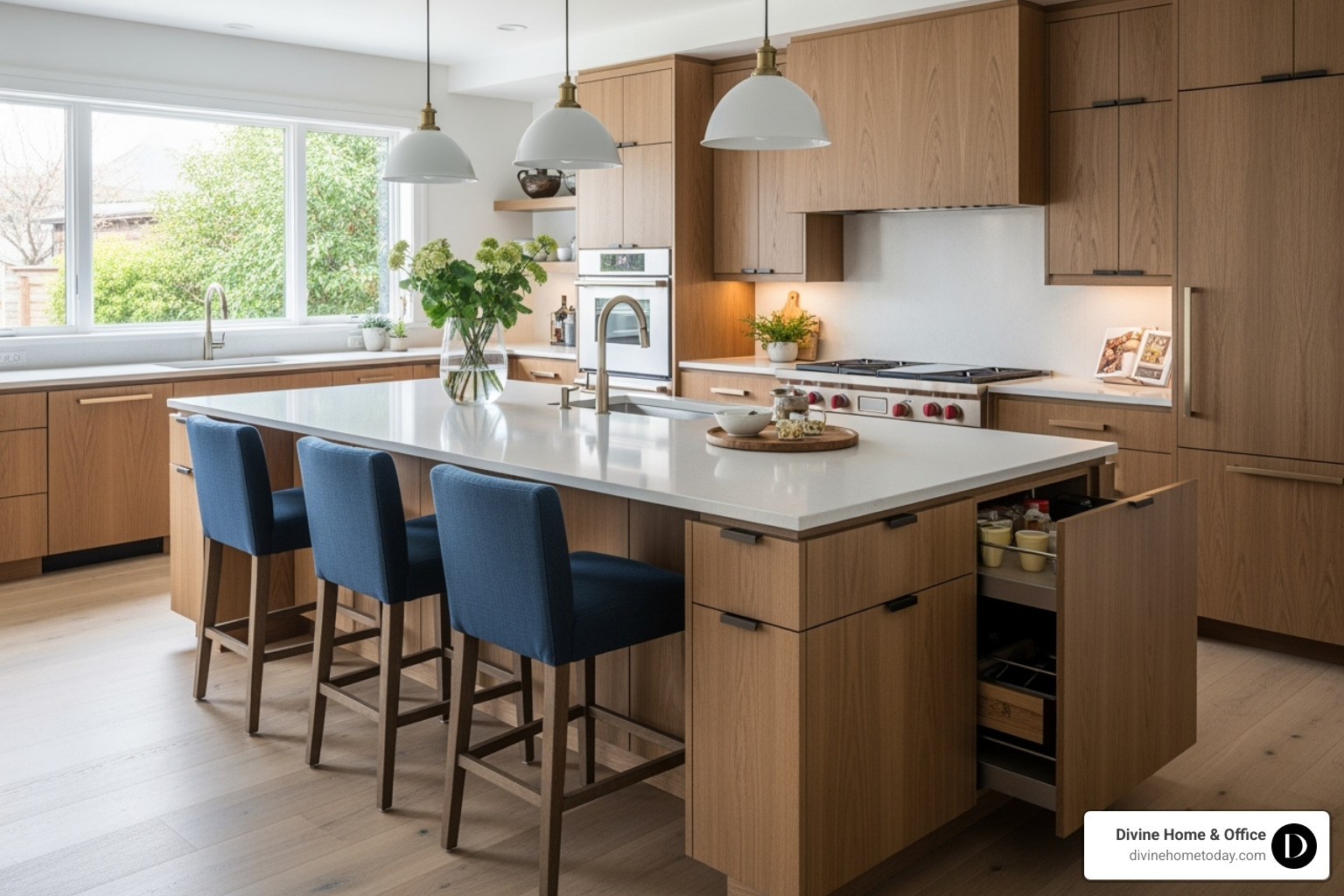 a beautifully designed custom kitchen island with integrated seating and storage - custom design furniture