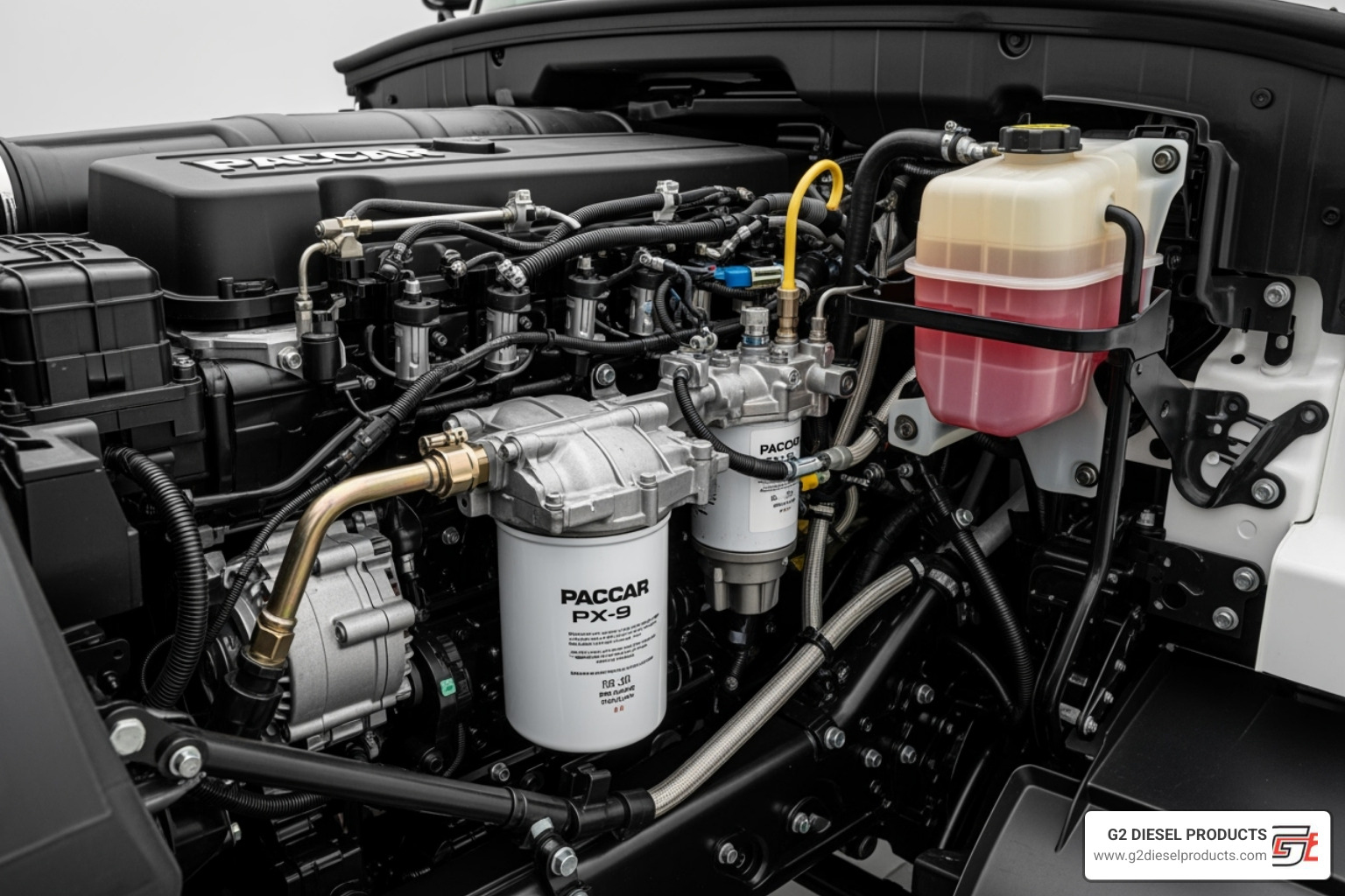 PACCAR PX-9 engine bay with fuel filter housing - how to prime a paccar px-9 fuel system