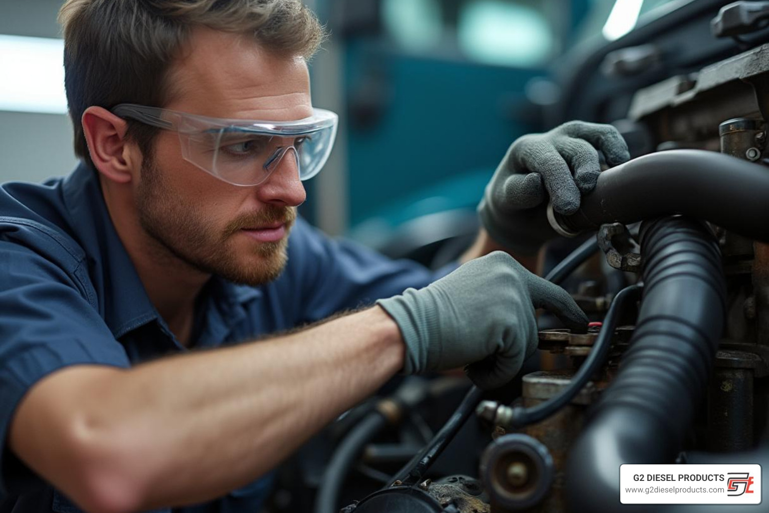 Mechanic demonstrating safe work practices on a PACCAR fuel system - how to prime a paccar px-9 fuel system