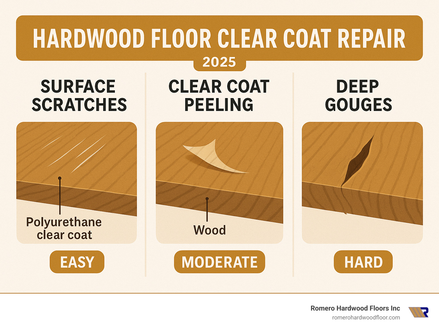 Infographic showing the difference between surface scratches that only affect the polyurethane clear coat layer, clear coat peeling where the finish separates from the wood, and deep gouges that penetrate through the protective layer into the actual wood beneath, with visual examples of each type of damage and corresponding repair difficulty levels - hardwood floor clear coat repair infographic 