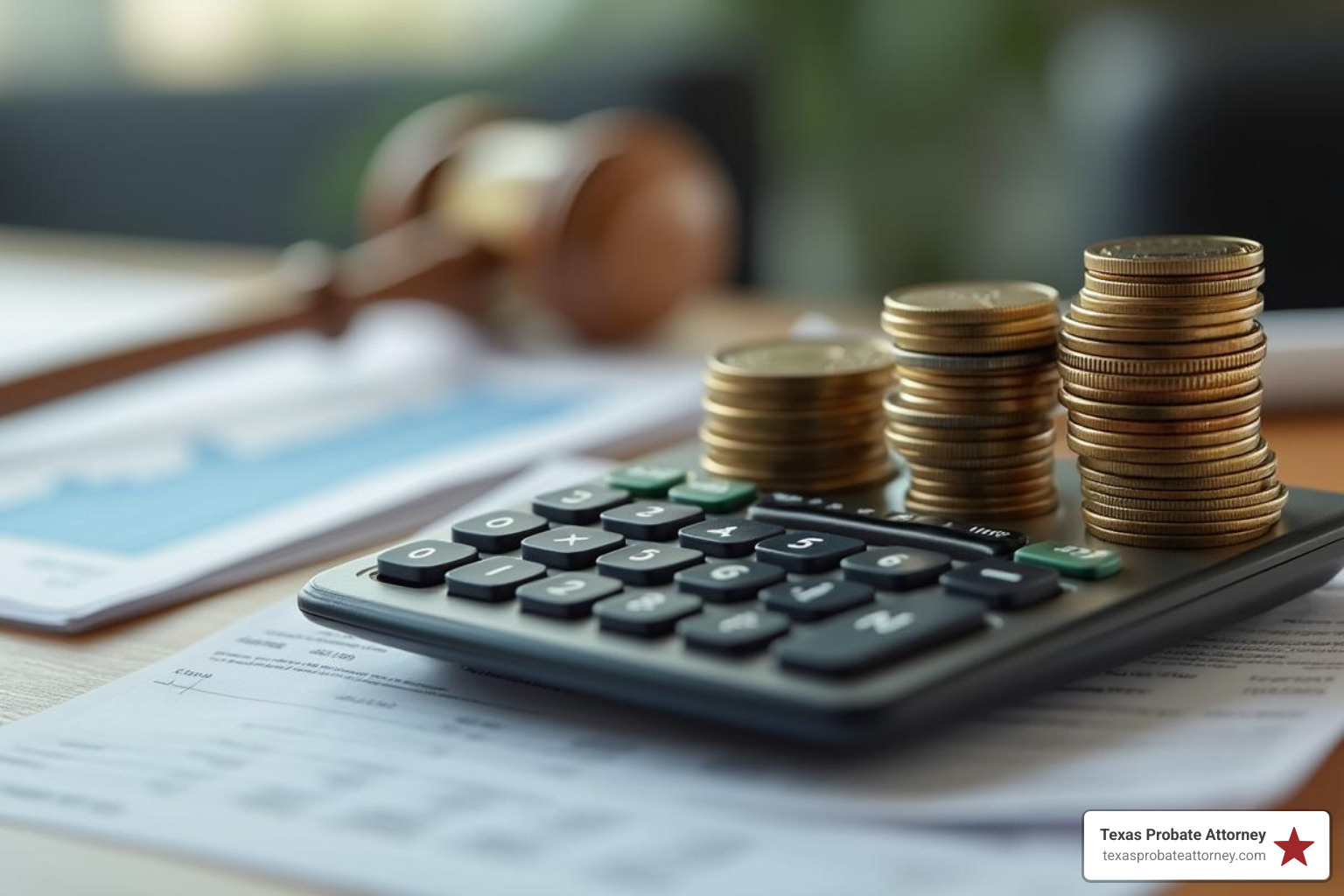 A calculator with stacks of coins and legal documents - average solicitors fees for probate