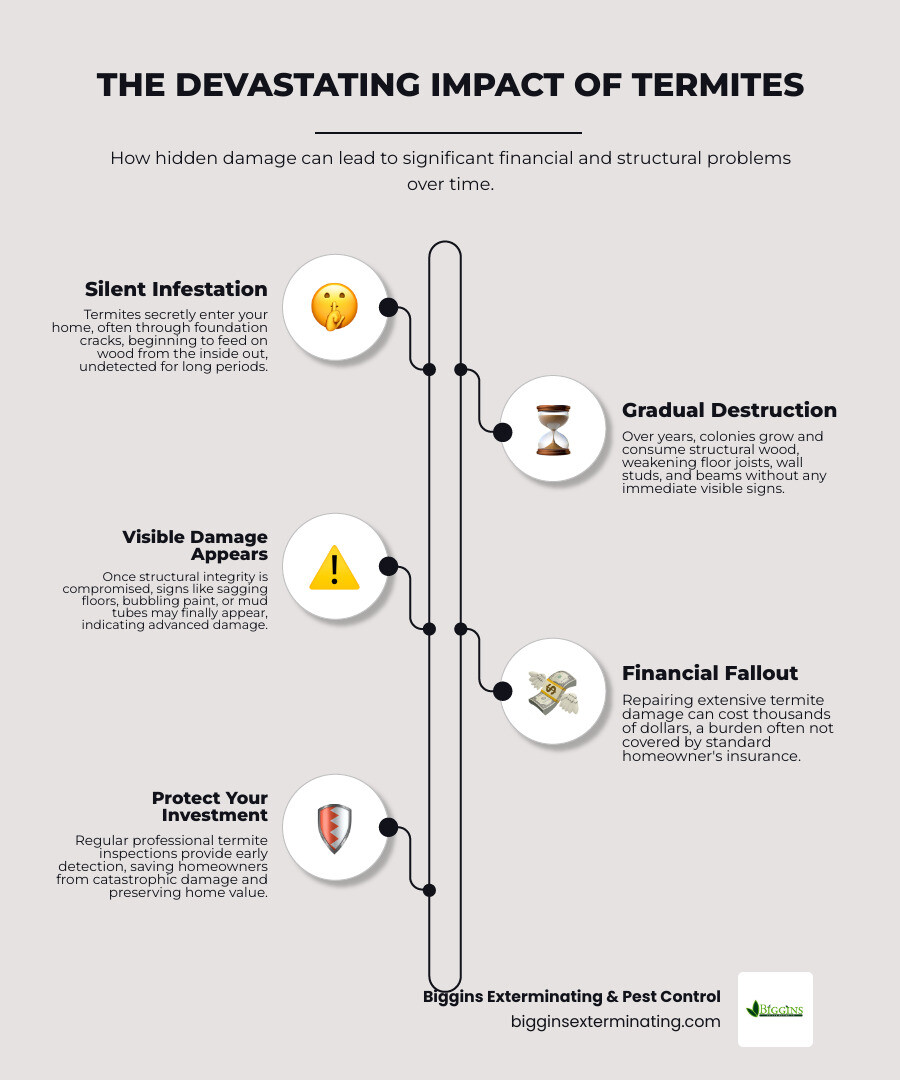 Infographic showing the devastating financial and structural impact of termites on a home, illustrating the hidden damage and repair costs over time. - Termite inspection services infographic infographic-line-5-steps-neat_beige