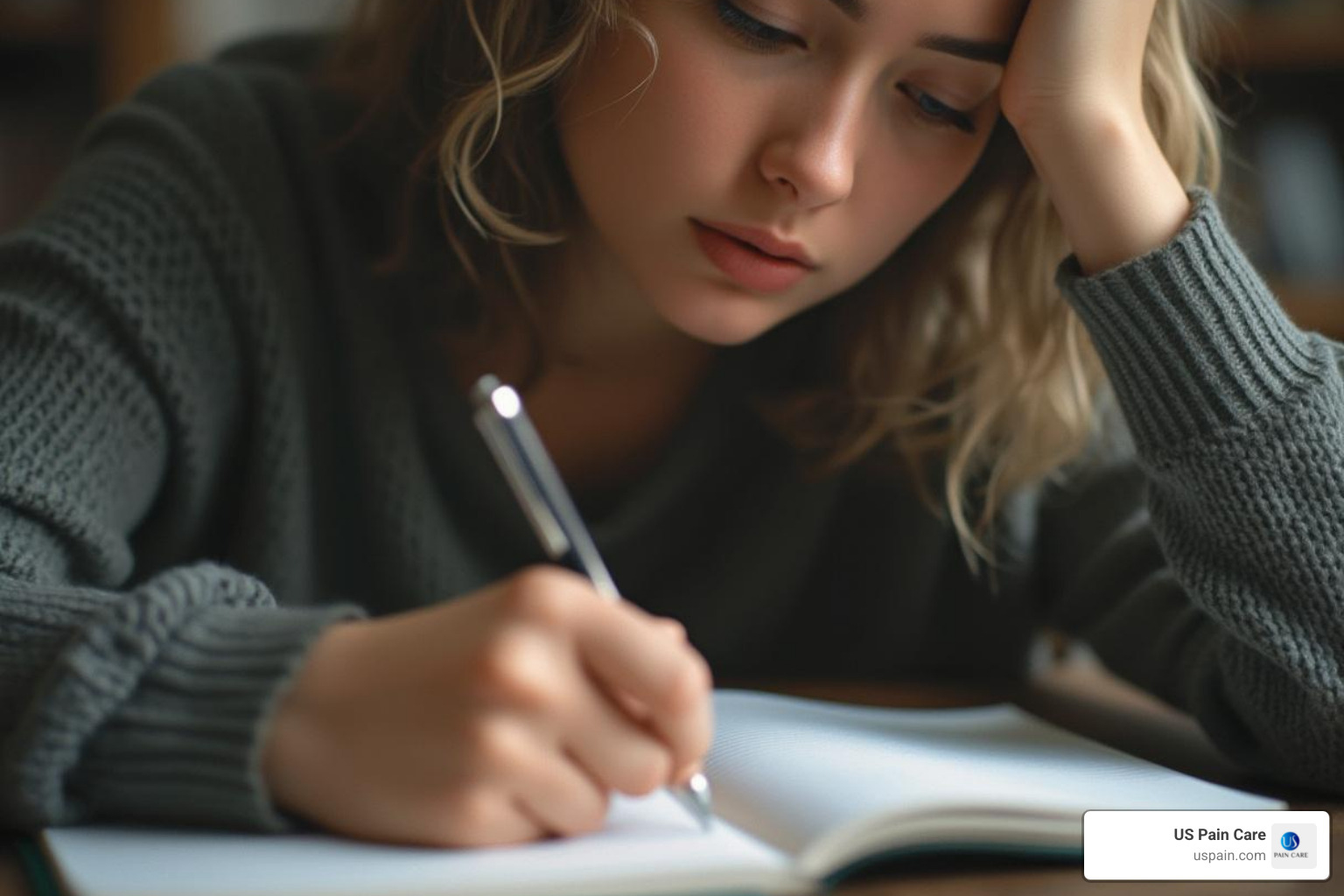 person journaling thoughtfully in a notebook - chronic pain coping strategies