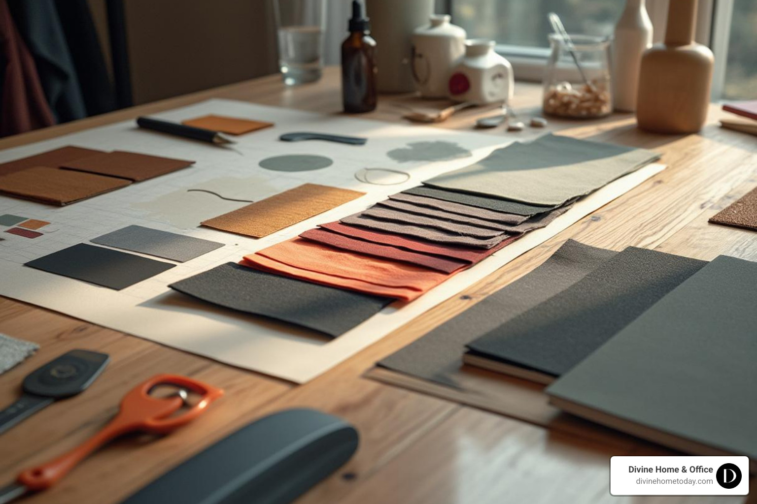 designer's table with various material samples - custom design furniture