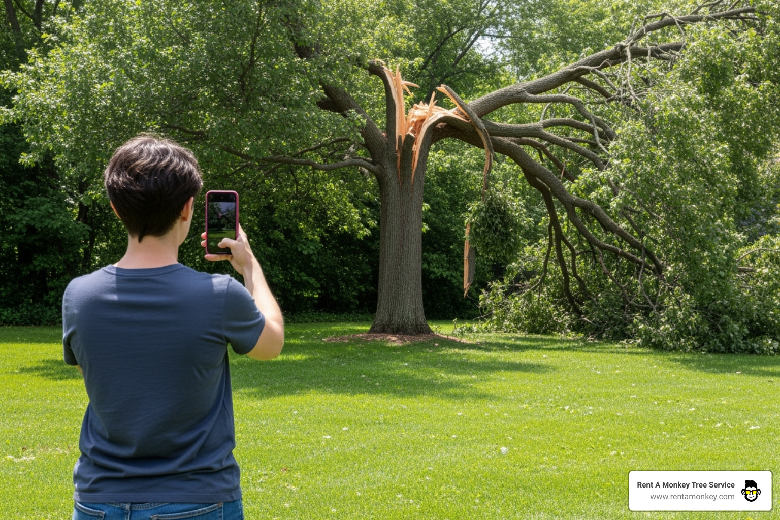homeowner safely taking a photo of a damaged tree from a distance - emergency tree removal in salt lake city ut