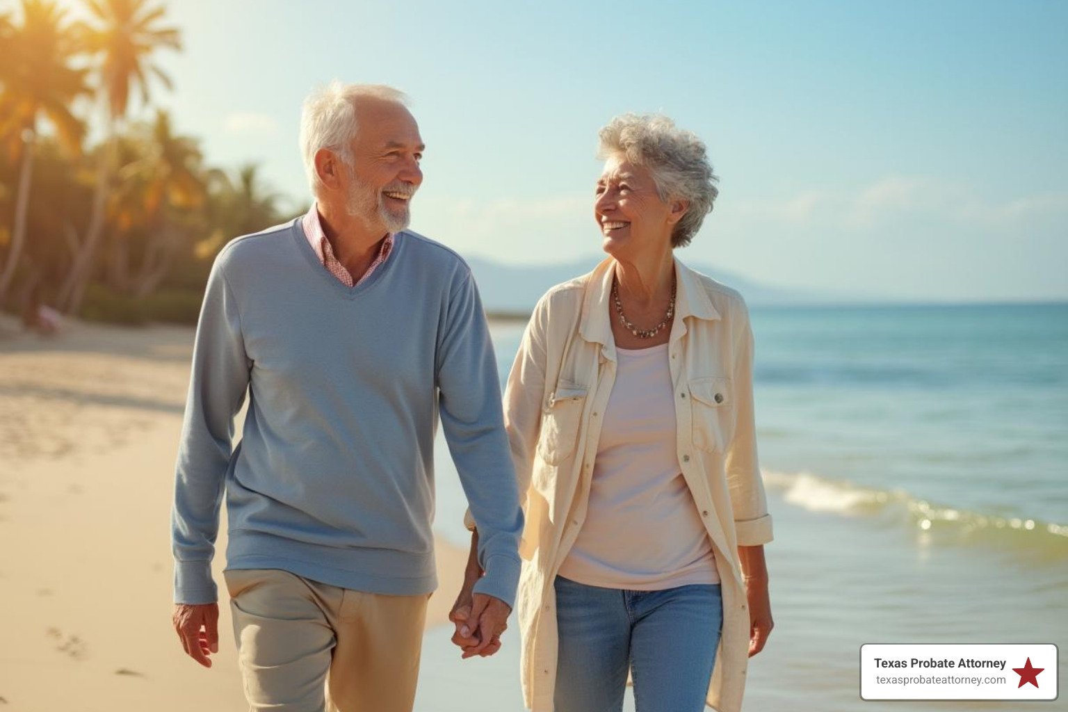 A smiling senior couple walking on a beach, representing a secure retirement. - attorney for trust