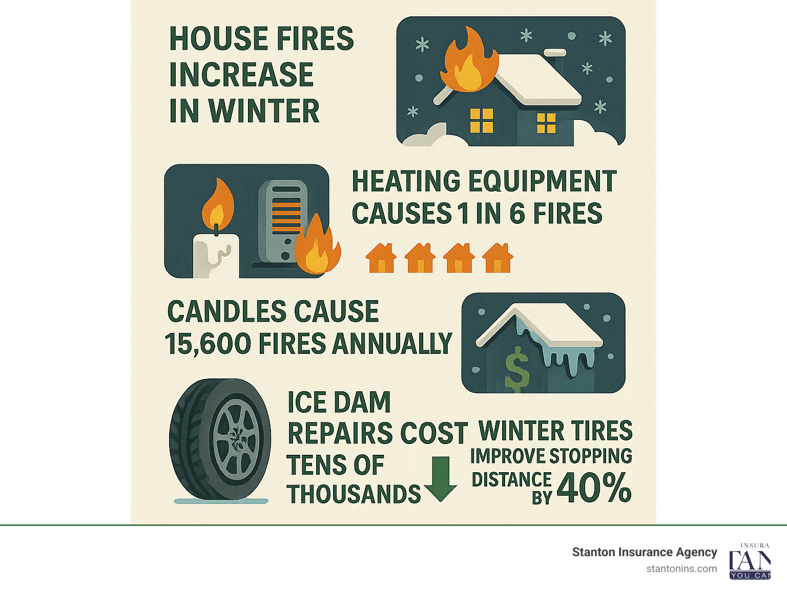 Comprehensive infographic showing winter home safety statistics: house fires increase in winter, heating equipment causes 1 in 6 fires, candles cause 15,600 fires annually, ice dam repairs cost tens of thousands, and winter tires improve stopping distance by 40% - Fire & Ice – Your Guide to Winter Preparation infographic 