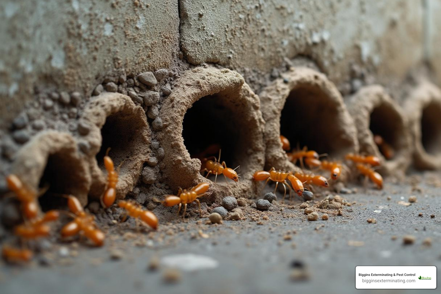 Classic termite mud tubes on a concrete foundation - Termite inspection services