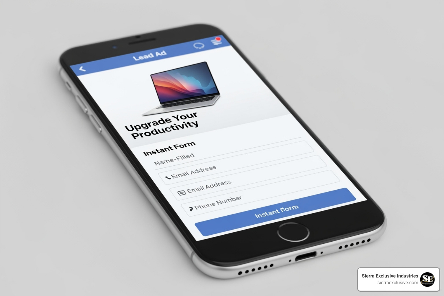 A visual example of a Facebook Lead Ad showing a clear image, headline, and an instant form with pre-filled user data. - lead generation advertising