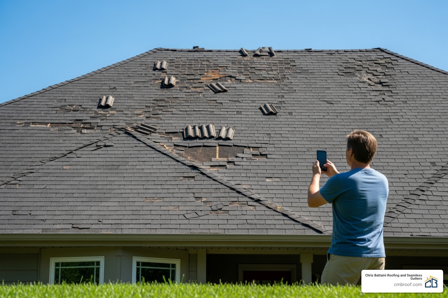 homeowner taking a picture of their damaged roof with a smartphone - roof insurance claim help
