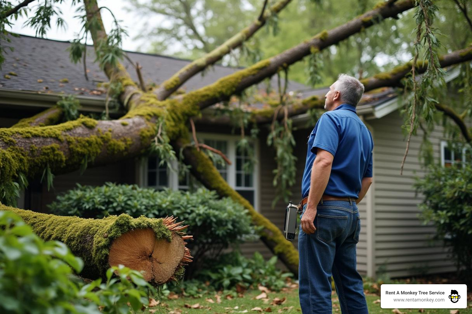 insurance adjuster looking at a tree on a roof - emergency tree removal in salt lake city ut