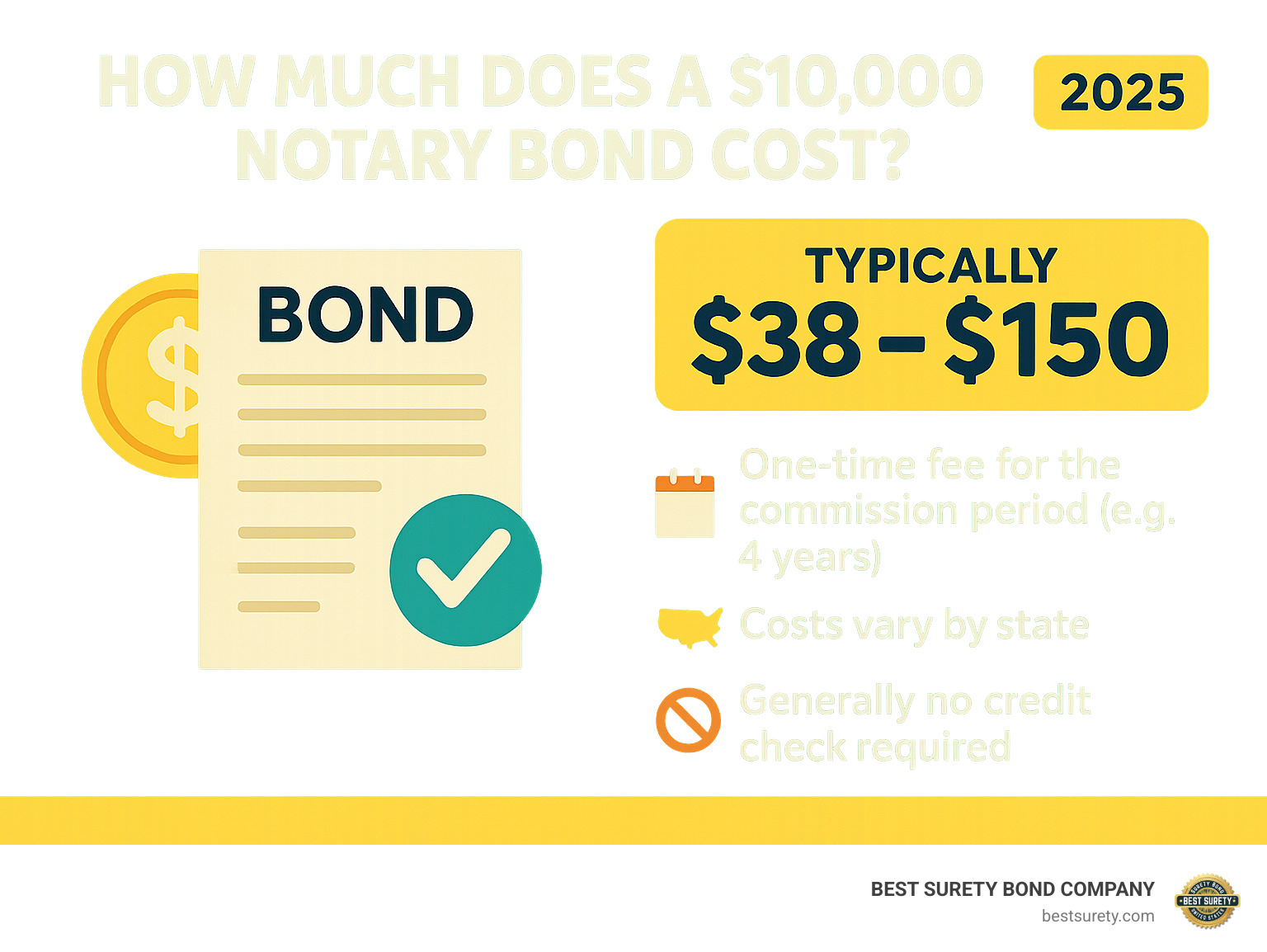 Infographic detailing the typical cost range of a $10,000 notary bond ($38-$150), noting it's a one-time fee for the commission period (e.g., 4 years), and that costs vary by state but generally do not require a credit check for notary-specific bonds. - how much does a $10000 notary bond cost infographic 