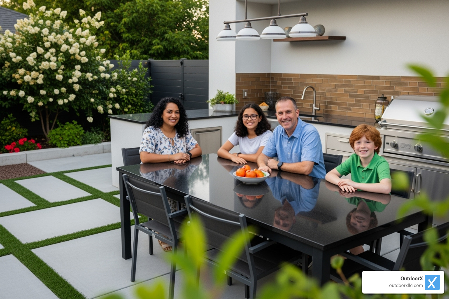 A family enjoying a meal in their new outdoor kitchen and dining area. - hardscape design companies near me