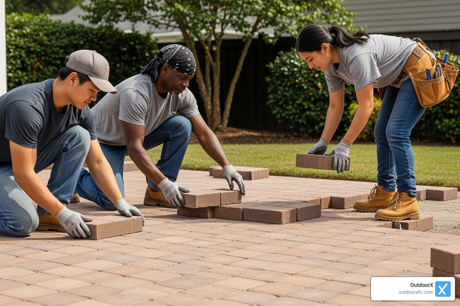 A construction crew carefully laying pavers for a new patio. - hardscape design companies near me
