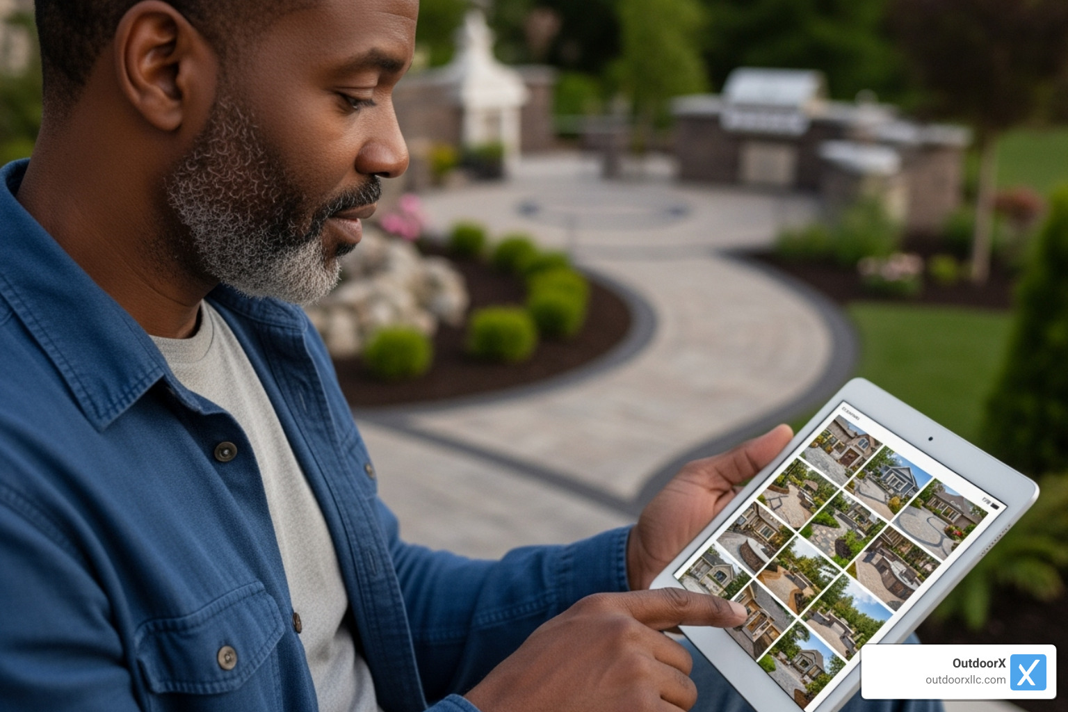 A person on a tablet browsing a gallery of hardscape projects. - hardscape design companies near me