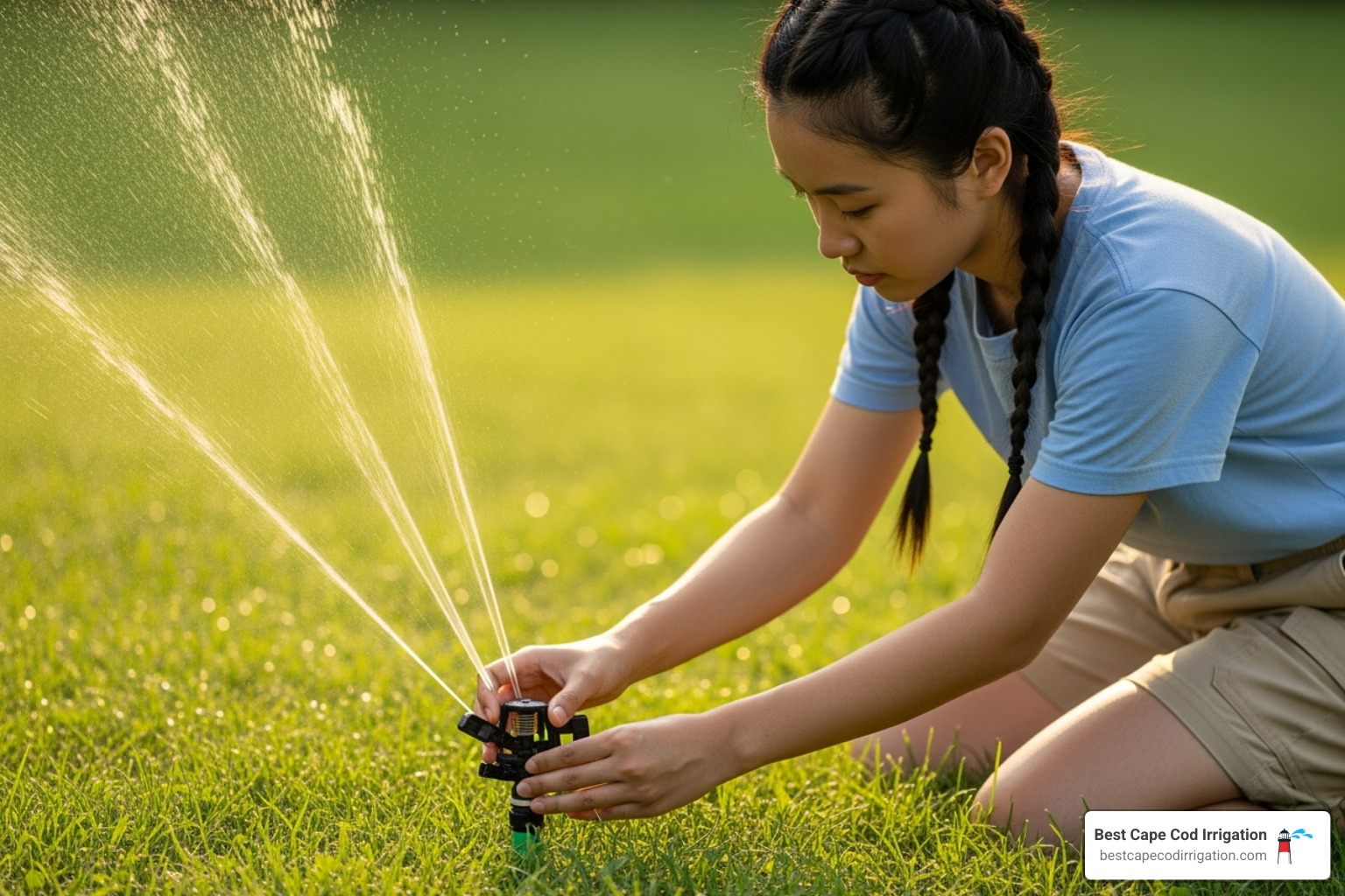 person adjusting sprinkler head - irrigation system set up