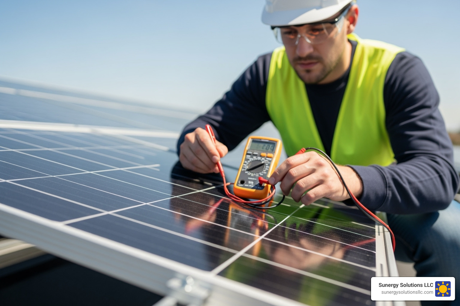 Solar technician inspecting a commercial solar panel up close - commercial solar energy benefits