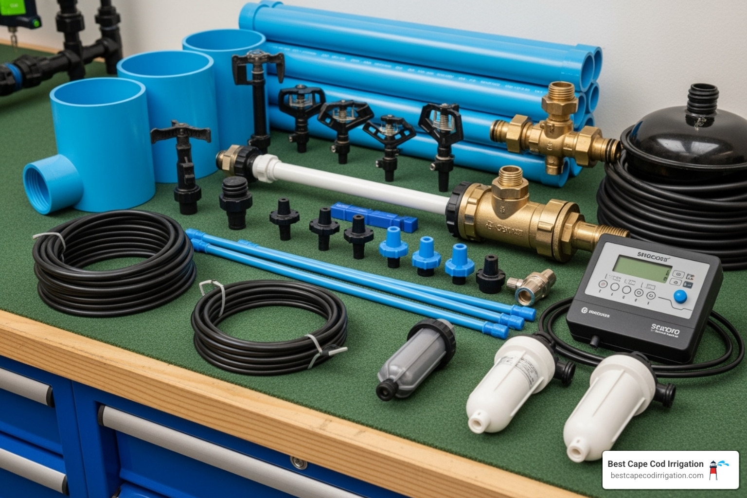 irrigation components laid out - irrigation system set up