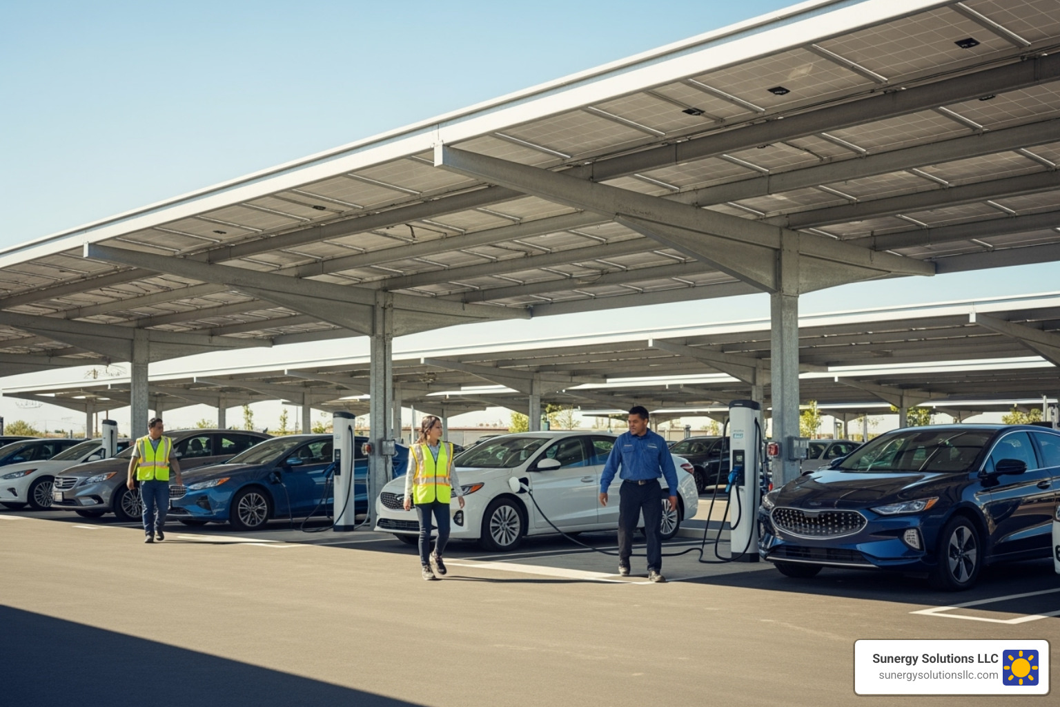 Commercial solar carport providing shade and EV charging stations for employees - commercial solar energy benefits