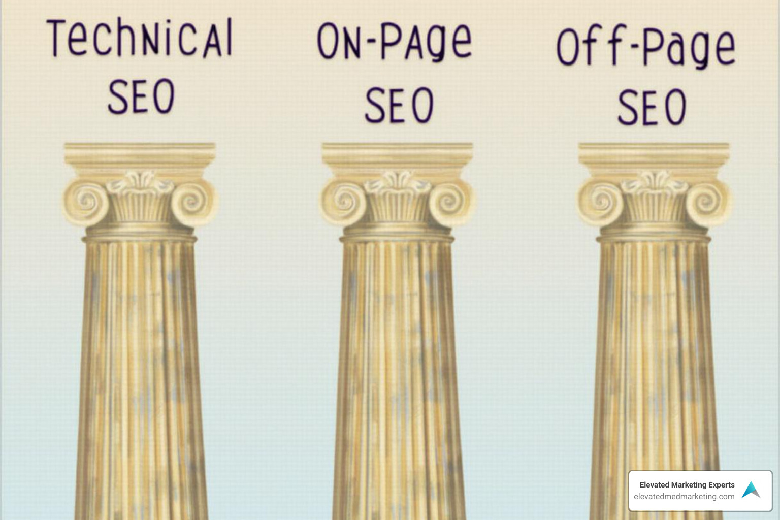 image illustrating the three pillars of SEO (Technical, On-Page, Off-Page) - Aesthetic SEO