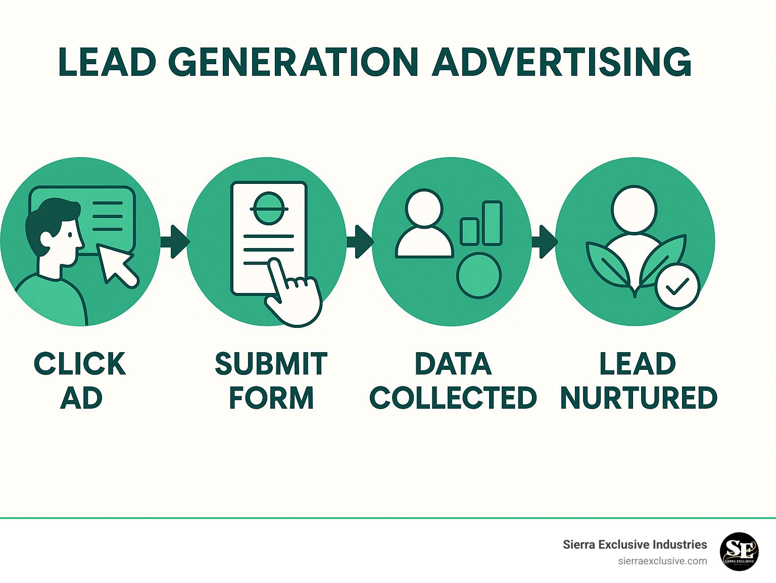Infographic explaining the typical lead generation advertising process: User clicks ad, fills out a form, data is collected, lead is nurtured, and then converted to a customer. - lead generation advertising infographic 