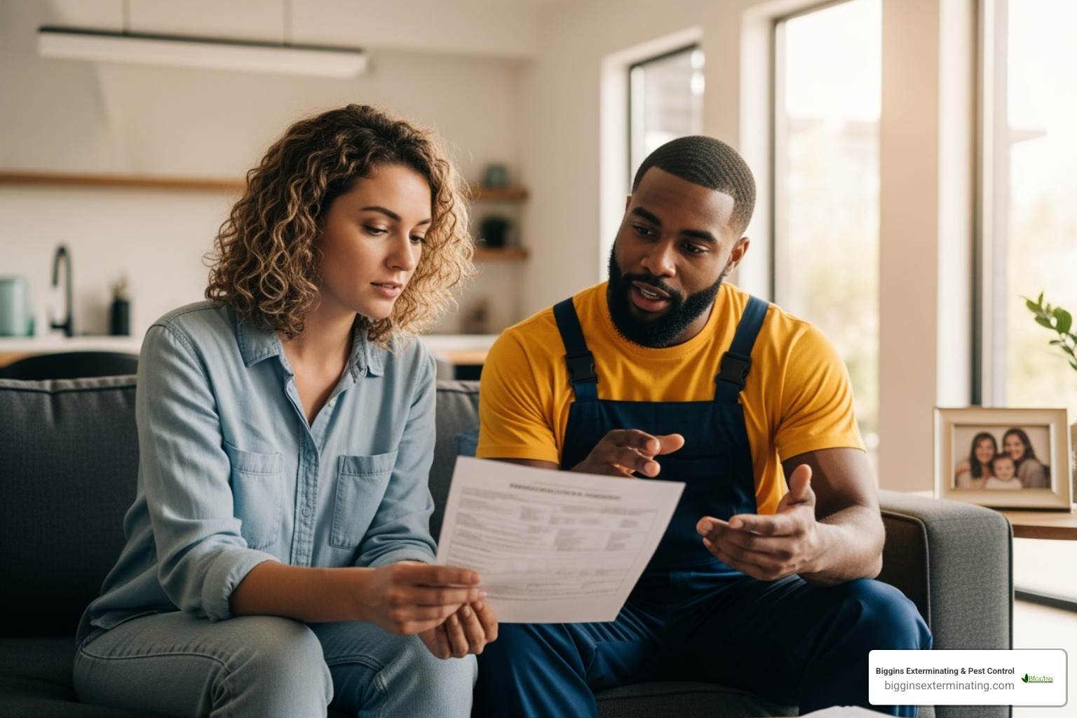 Homeowner reviewing an inspection report with a technician - Termite inspection services