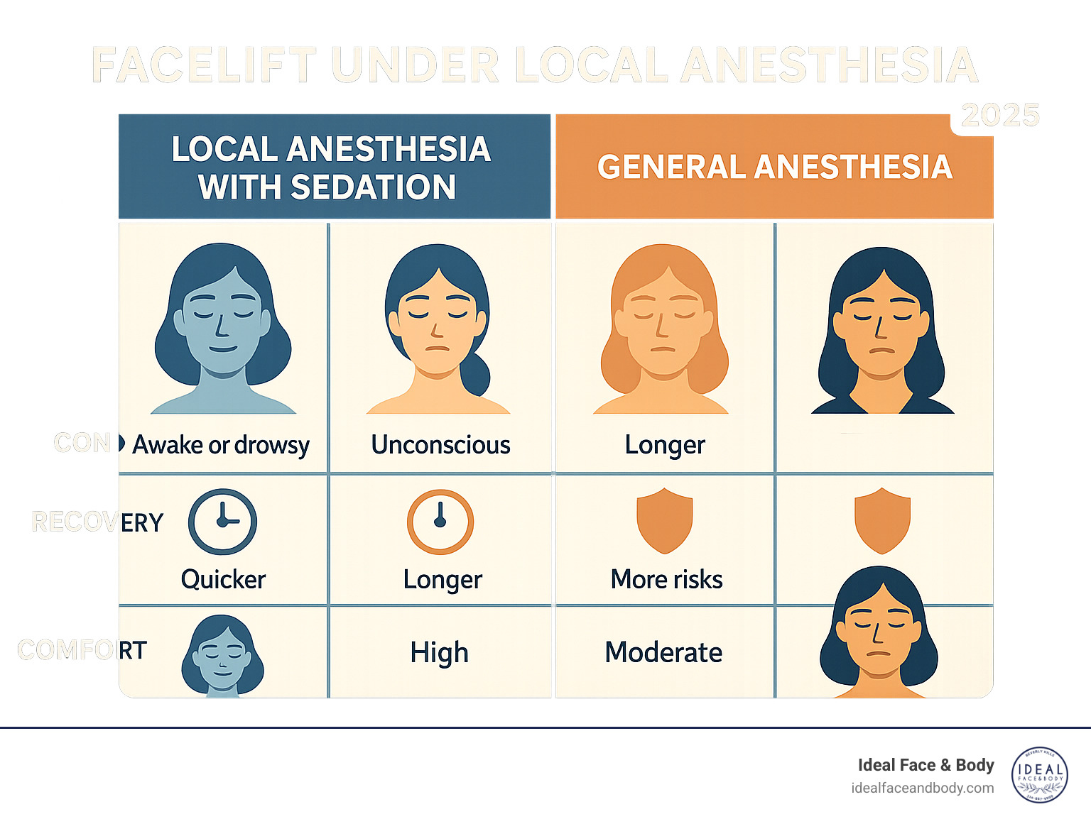 Comparison of local anesthesia with sedation versus general anesthesia showing consciousness levels, recovery times, safety profiles, and patient comfort during facelift procedures - facelift under local anesthesia infographic 