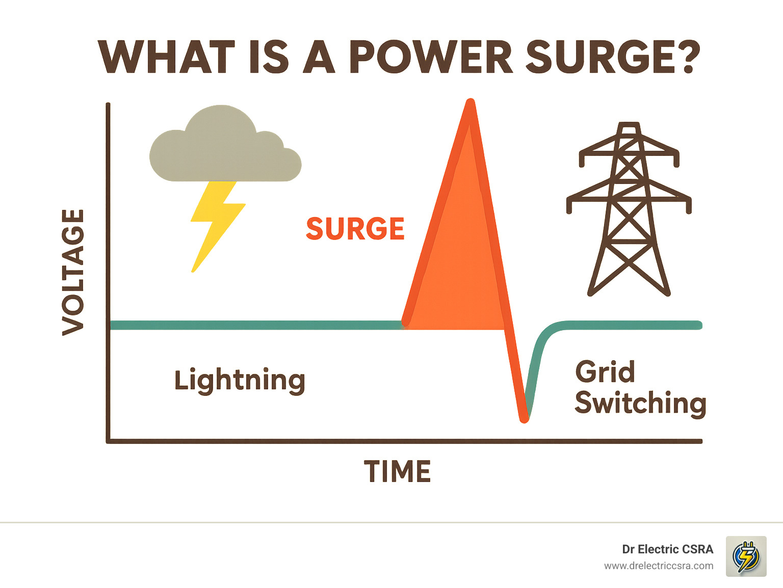 Infographic explaining what a power surge is, showing a spike in voltage over time from sources like lightning and grid switching - EV charger surge protection infographic 