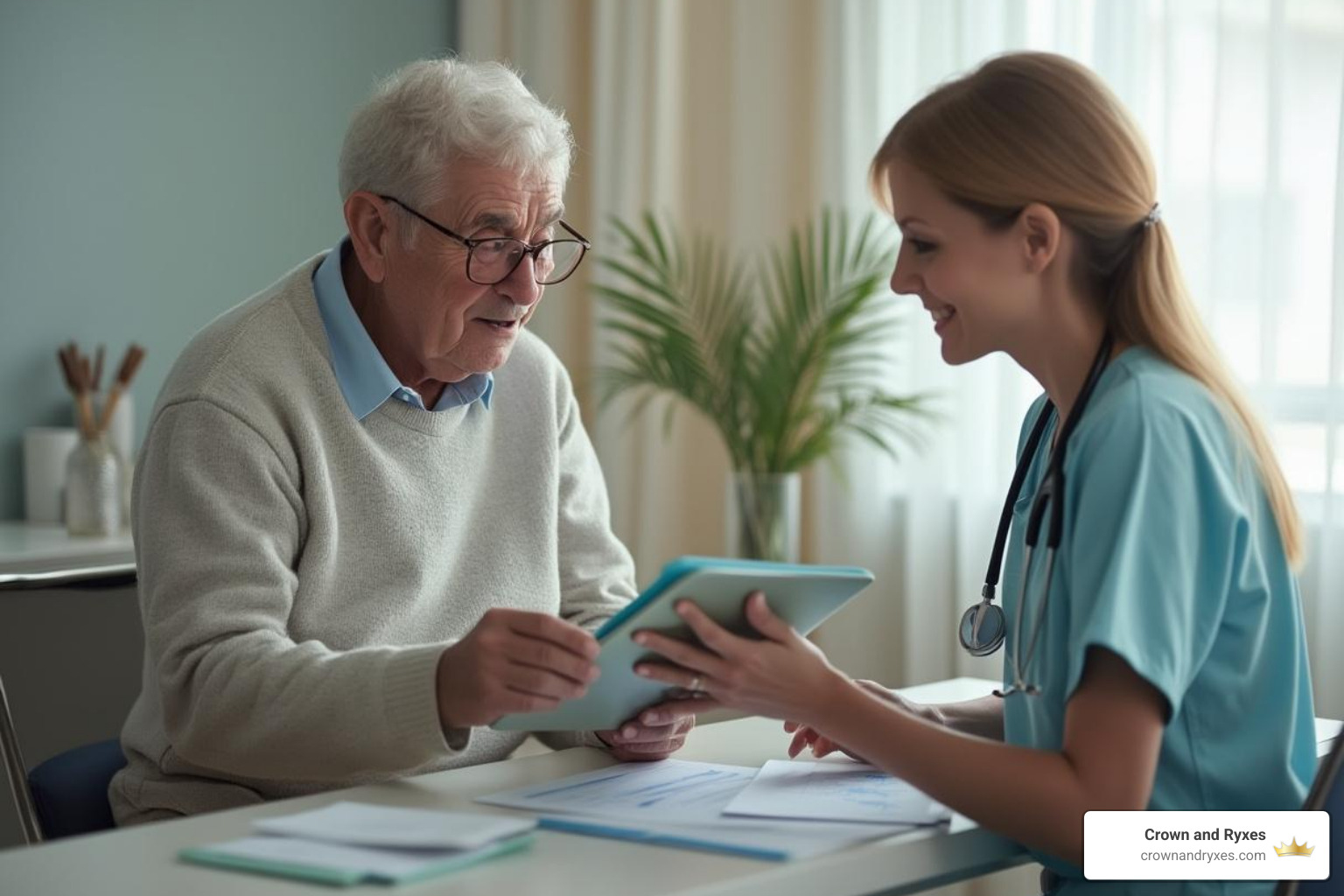 A patient in consultation with a healthcare professional, looking at a chart, symbolizing shared decision-making. - bhrt vs hrt